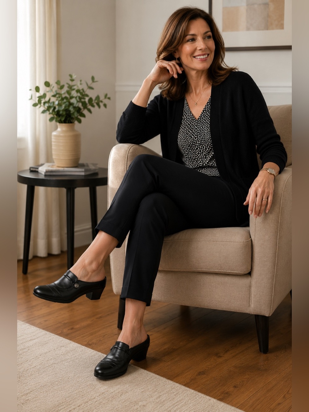 Earth Spirit Black Leather Slip-On Mules with Decorative Button Accent